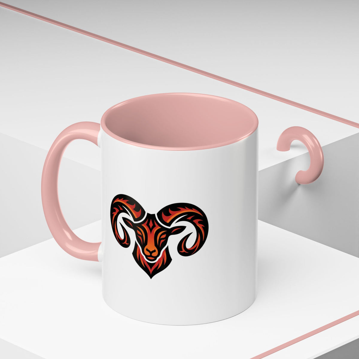 Aries Zodiac Ram Logo Accent Coffee Mug — Bold Tribal Ram Head Design