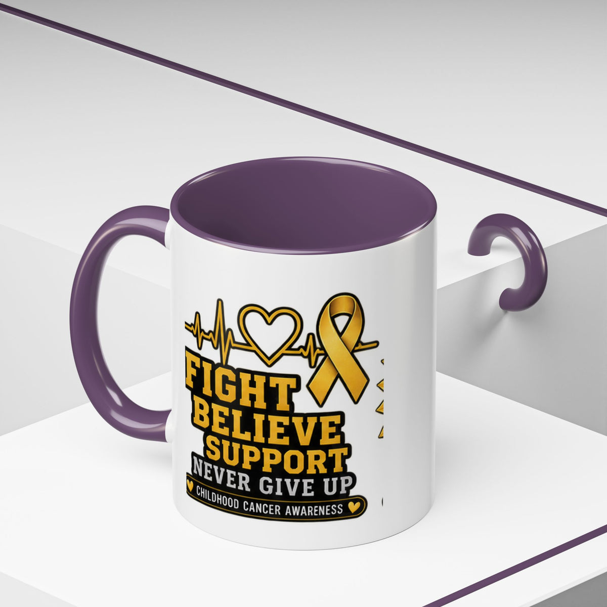 Childhood Cancer Awareness Accent Coffee Mug — "Fight Believe Support" 11/15oz