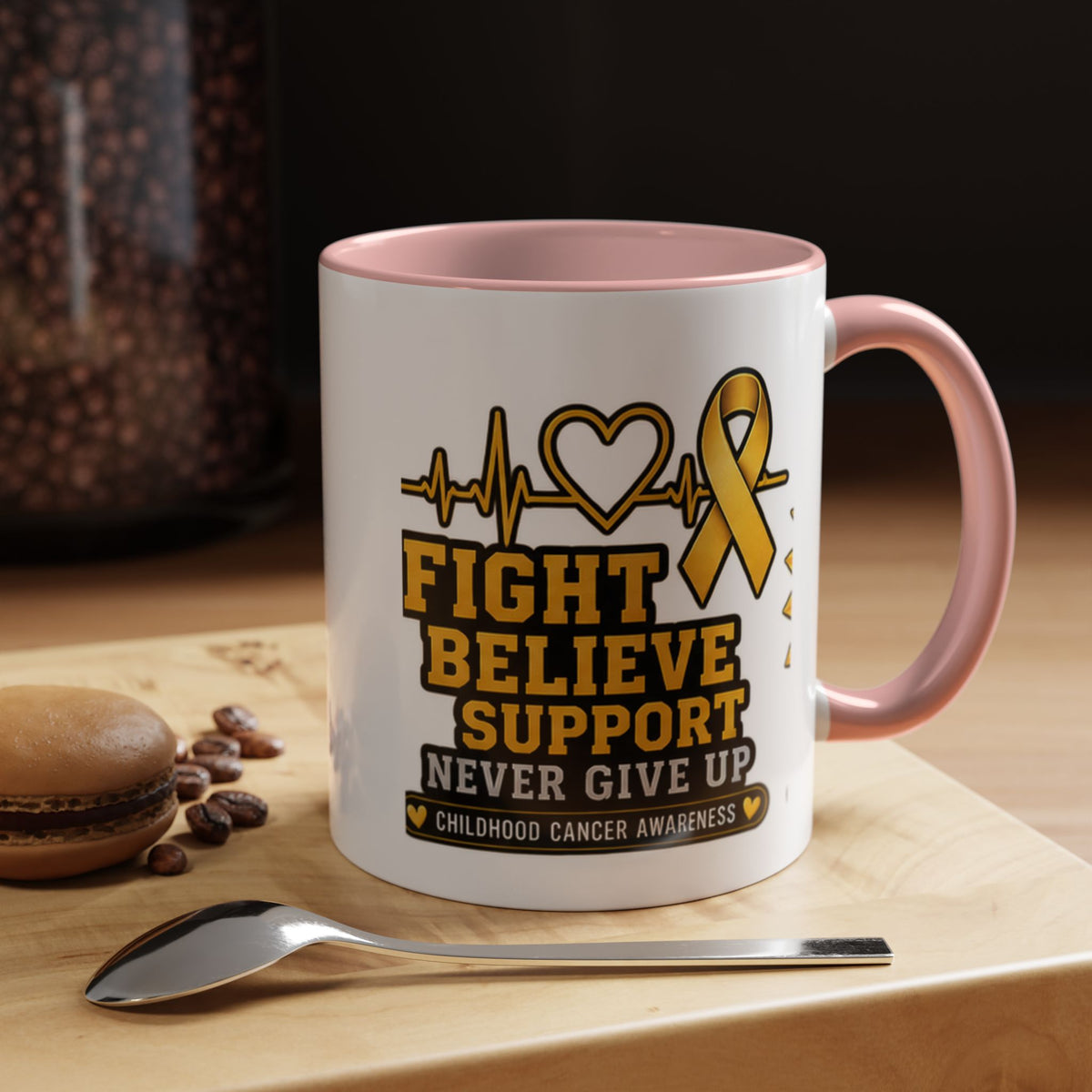 Childhood Cancer Awareness Accent Coffee Mug — "Fight Believe Support" 11/15oz