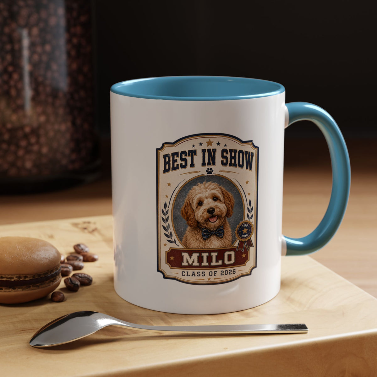 Milo Bailey Dog Dad Mom Best in Show Personalized Dog Mug — "Milo" Class of 2028 Accent Coffee Mug