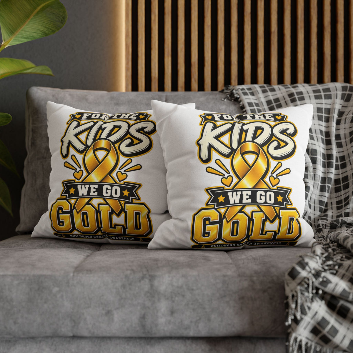 “For the Kids We Go Gold” Awareness Pillowcase — Childhood Cancer Ribbon Throw Pillow