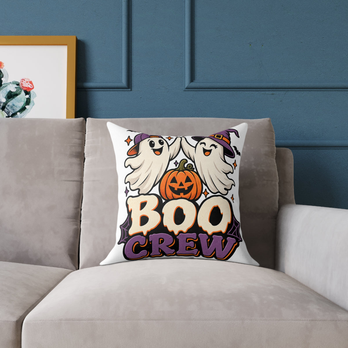 Halloween Boo Crew Pillow — Cute Ghosts & Pumpkin Square Throw Pillow