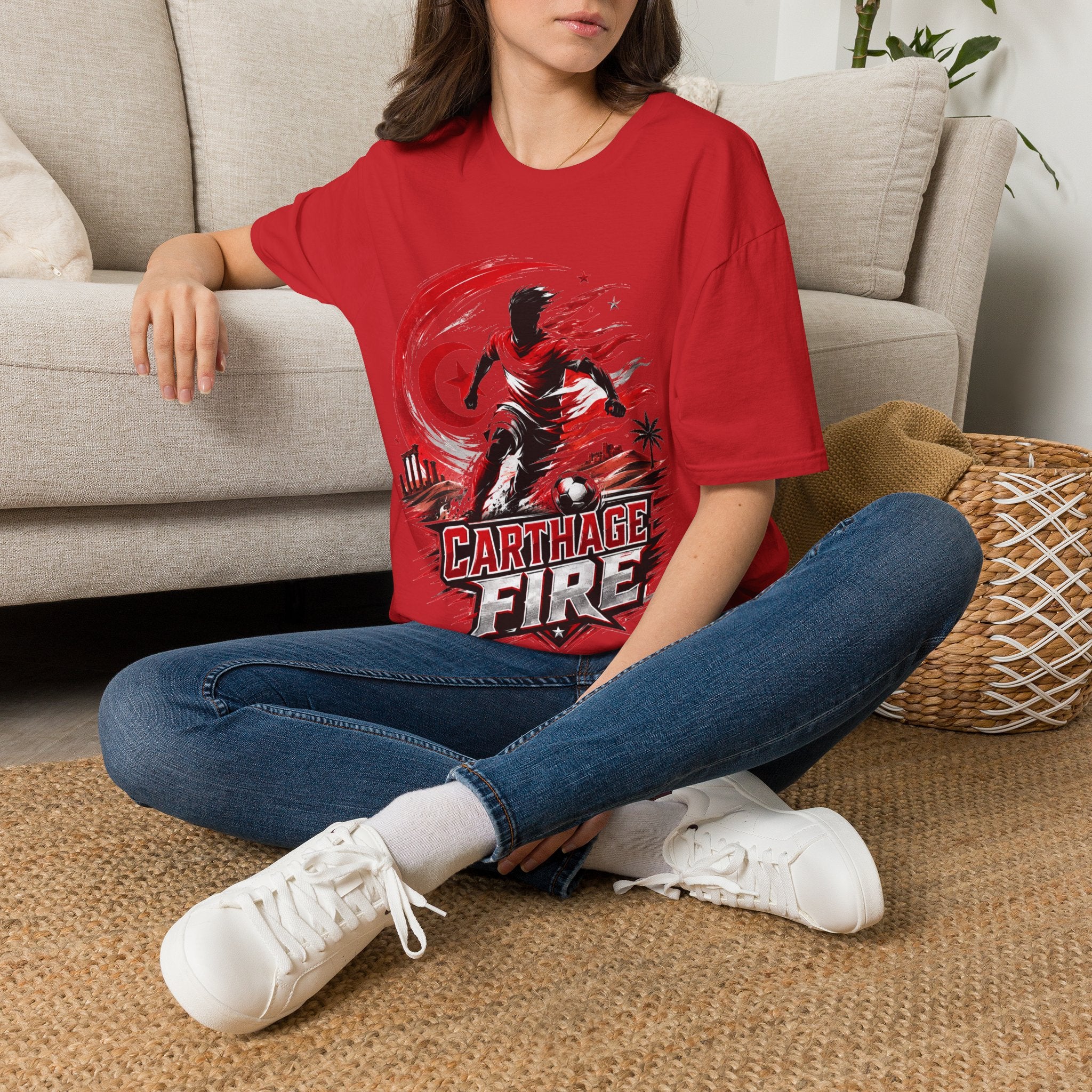 Tunisia Carthage Fire Soccer T-Shirt — Red Crescent Football Fan Tee