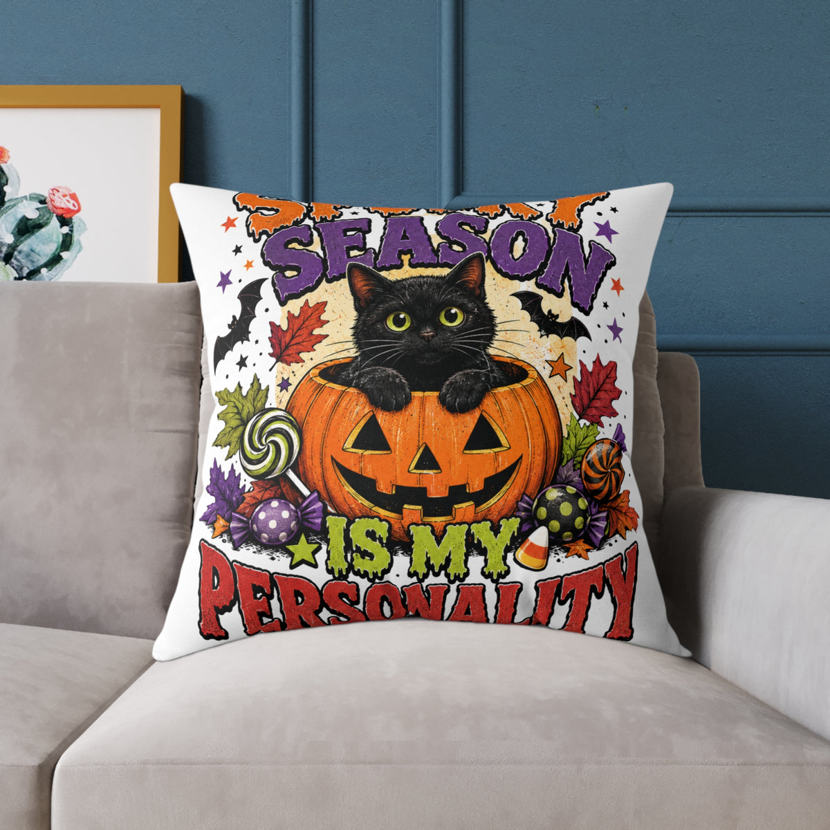 Halloween Pillow — "Season Is My Personality" Black Cat Pumpkin Decorative Throw Pillow