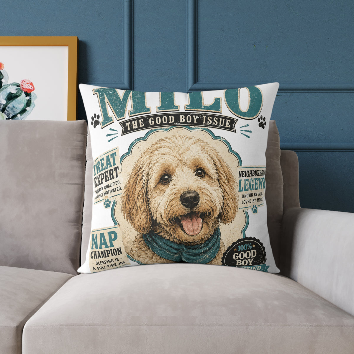 Milo Bailey Dog Dad Mom Square Poly Canvas Pillow — Personalized "Milo The Good Boy Issue" Dog Throw Pillow