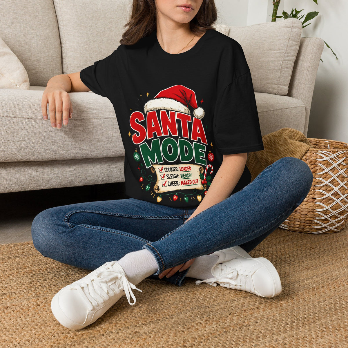 Santa Mode T-Shirt — Holiday Christmas Graphic Tee with Santa Hat
