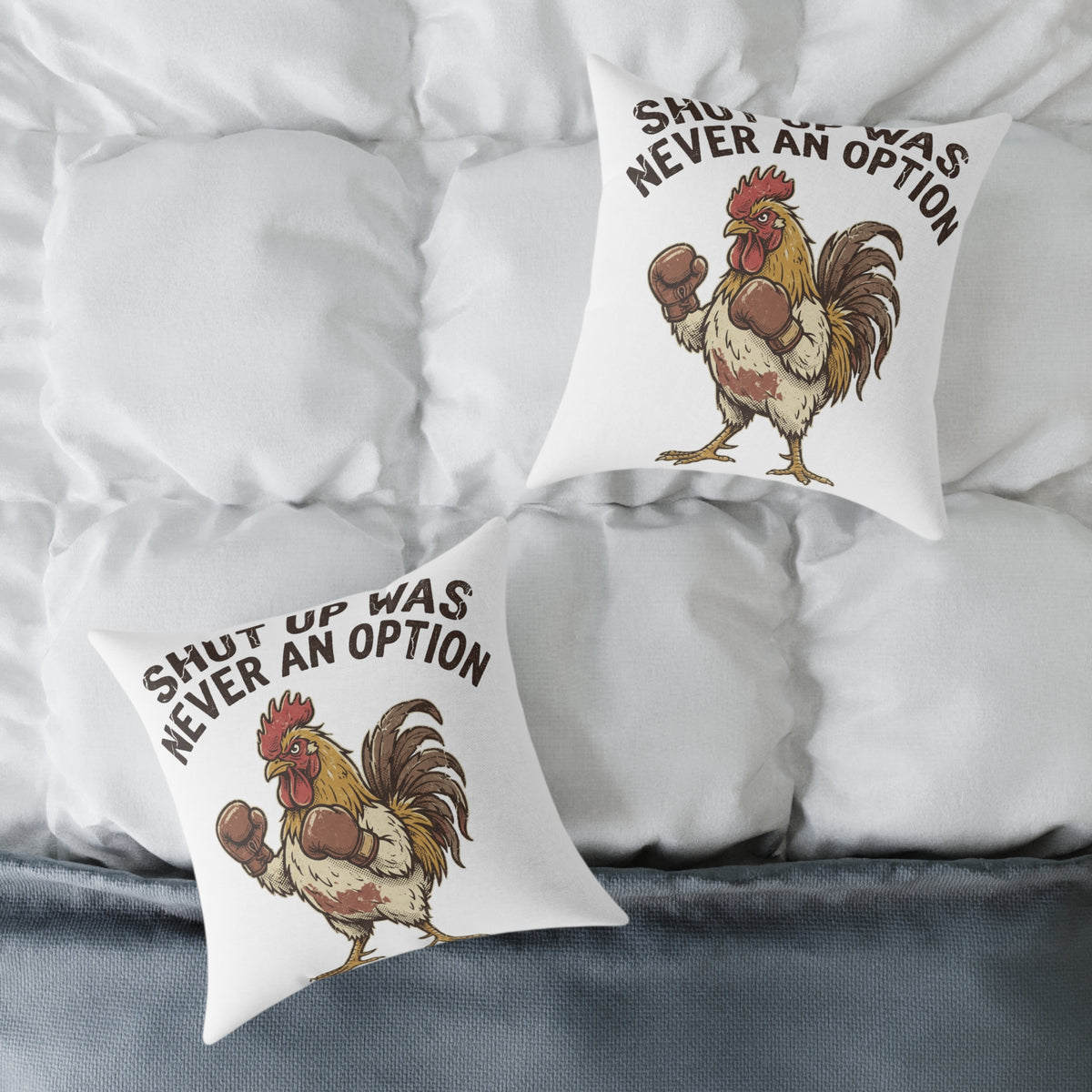 Rooster Boxing Pillow — Funny "Shut Up" Funny Farm Animal Throw Pillow
