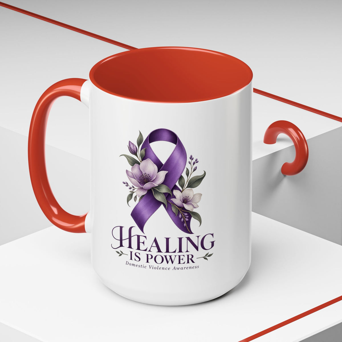 Healing Is Power Purple Ribbon Coffee Mug — Domestic Violence Awareness Accent Mug (11/15oz)