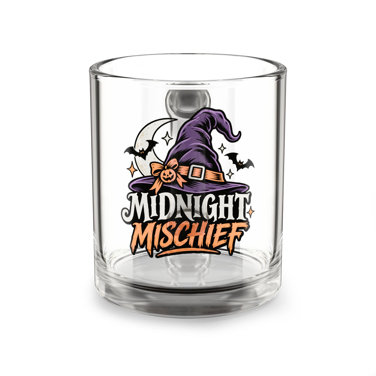 Midnight Mischief Halloween Glass Mug — 10oz Witch Hat & Bats Coffee Cup