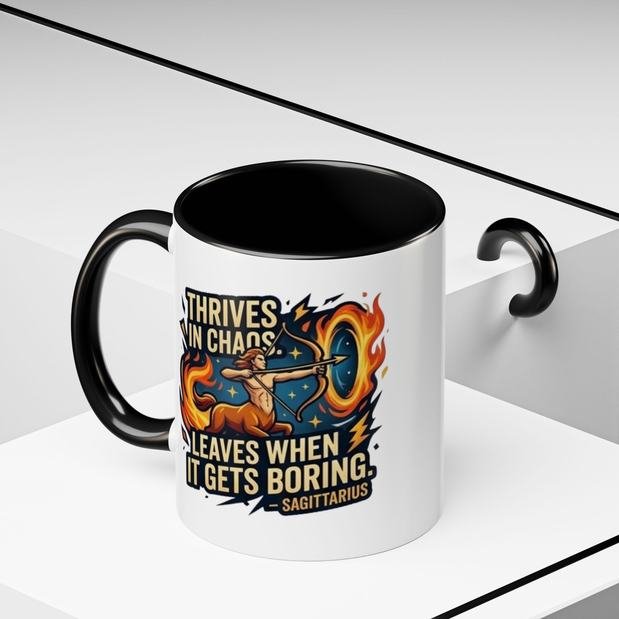 Sagittarius Coffee Mug – "Thrives in Chaos, Leaves When It Gets Boring" Accent Mug