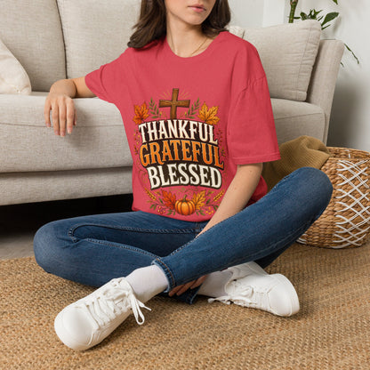 Thankful Grateful Blessed T-Shirt — Fall Thanksgiving Christian Tee