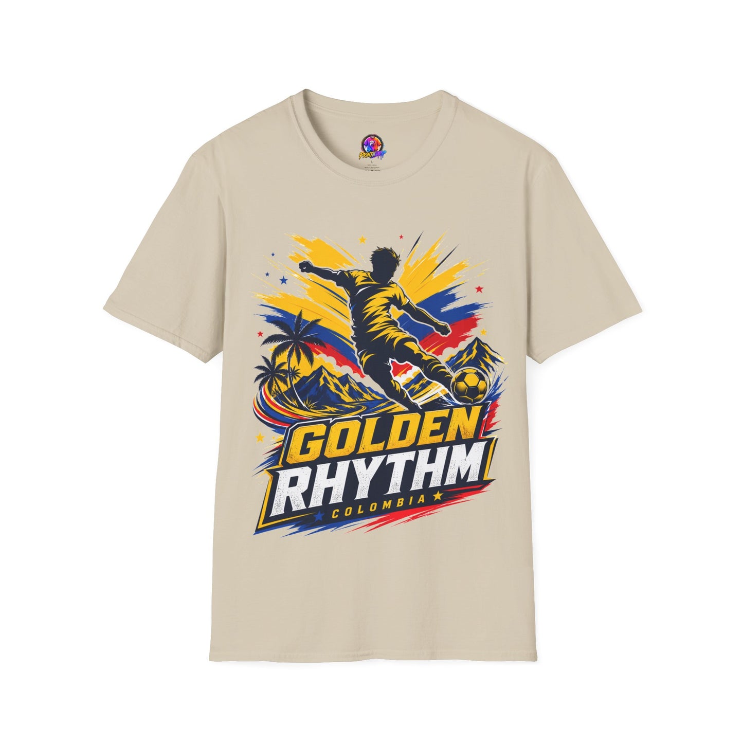 Columbia Soccer Player Graphic T-Shirt — "Golden Rhythm" Vibrant Beach Soccer Tee