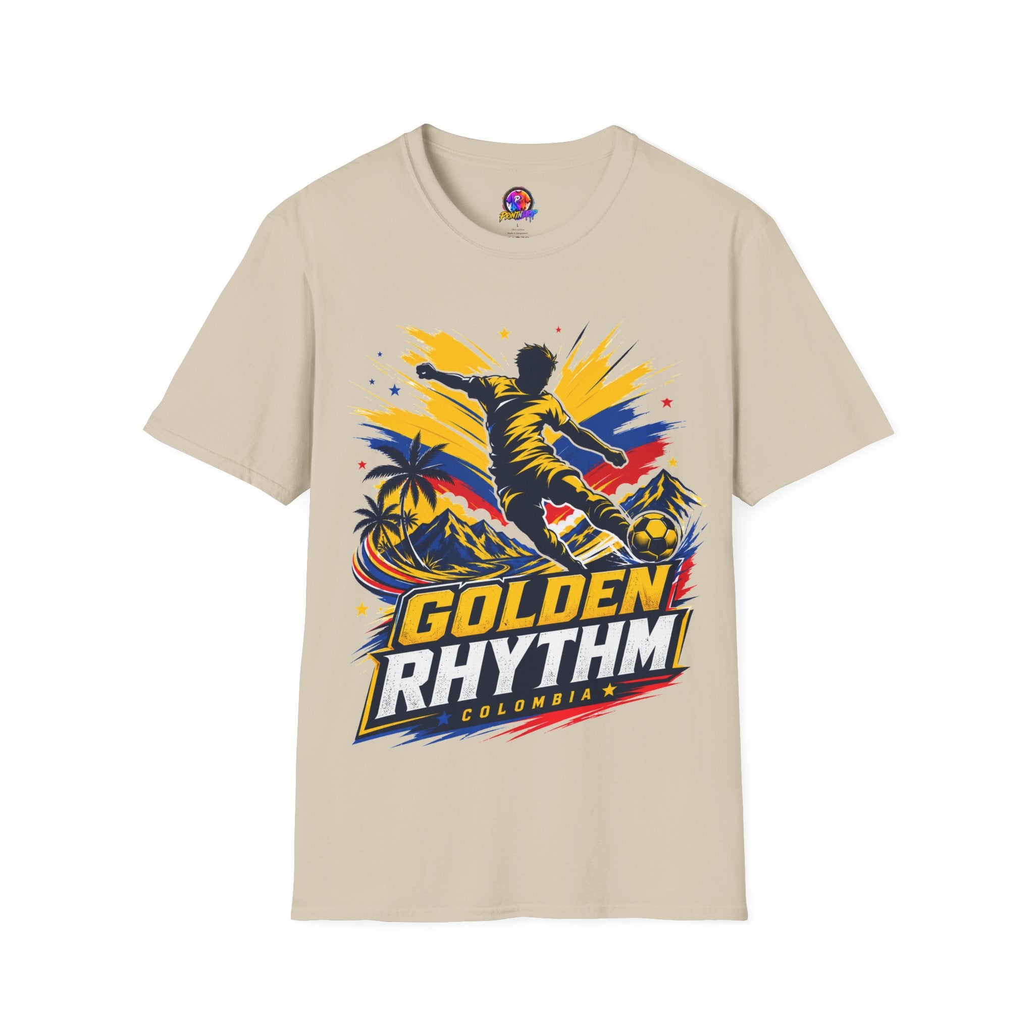 Columbia Soccer Player Graphic T-Shirt — "Golden Rhythm" Vibrant Beach Soccer Tee