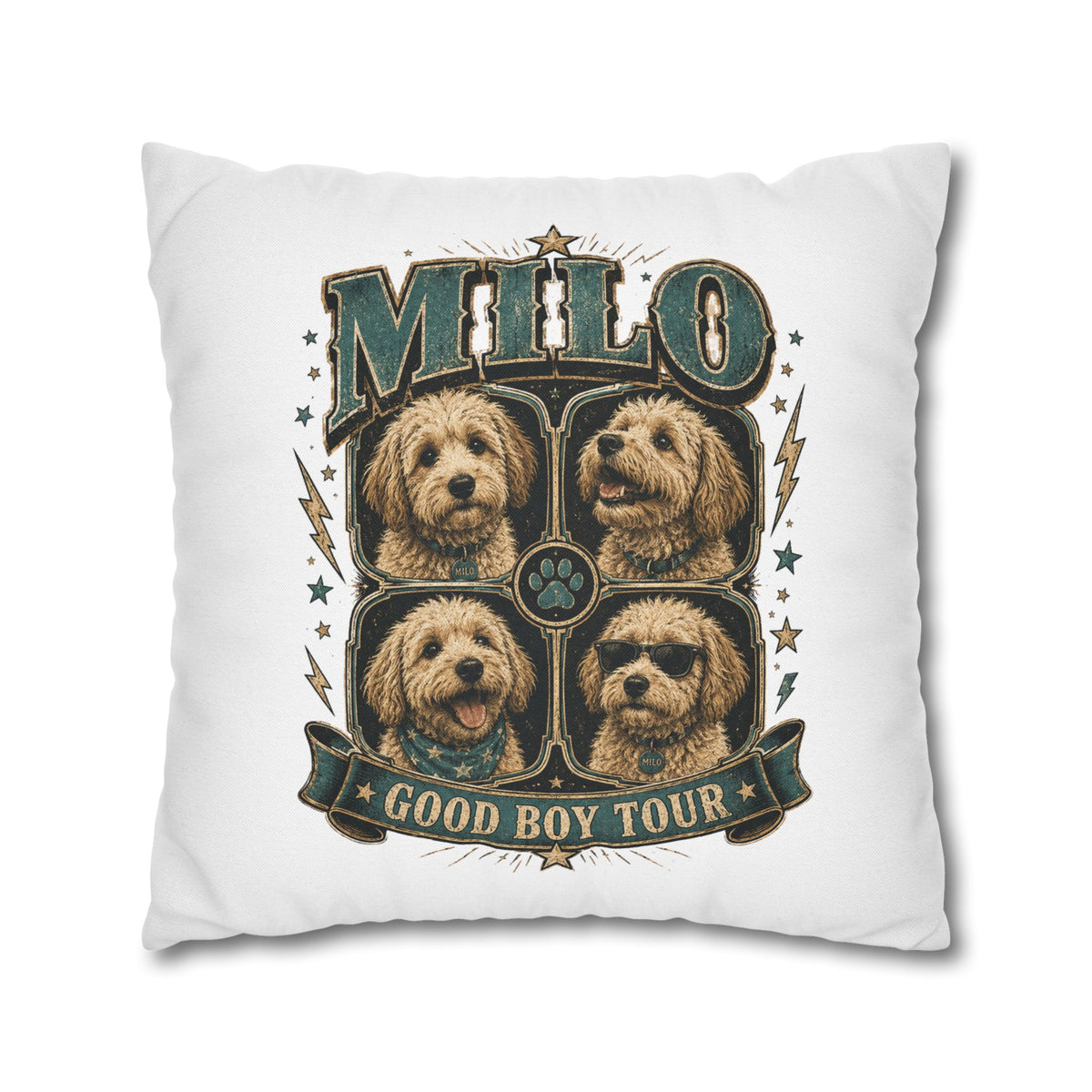 Milo "Good Boy Tour" Decorative Pillowcase — Dog Band Tour Poster Throw Pillowcase Milo Bailey Dog Dad Mom