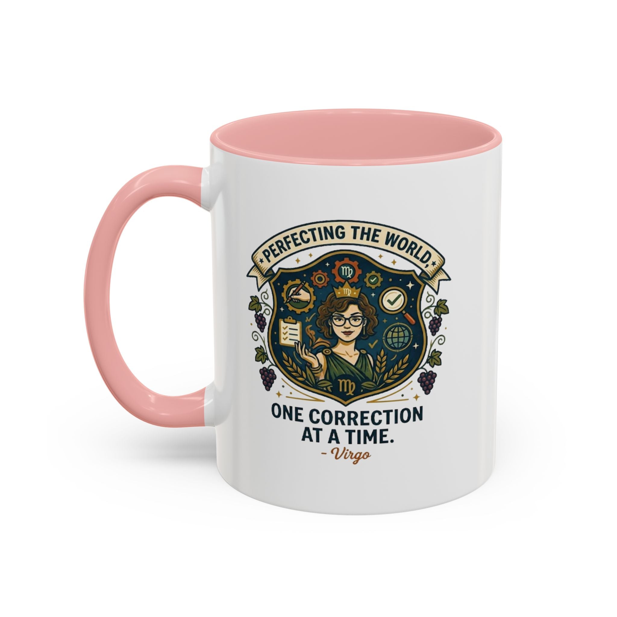 Virgo Coffee Mug — "Perfecting the World: One Correction at a Time" Accent Astrology Gift