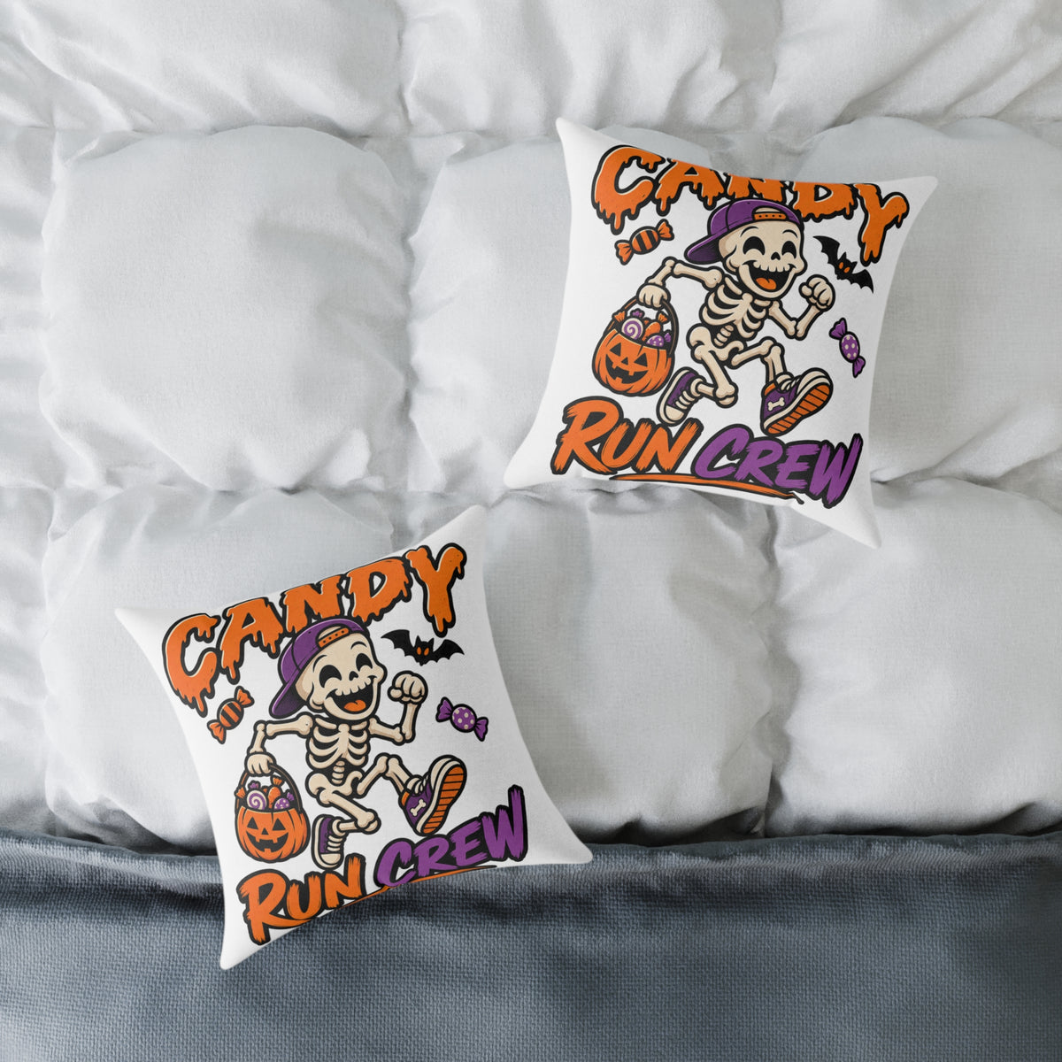 Candy Run Crew Halloween Pillow — Skeleton Trick-or-Treat Decorative Throw Pillow