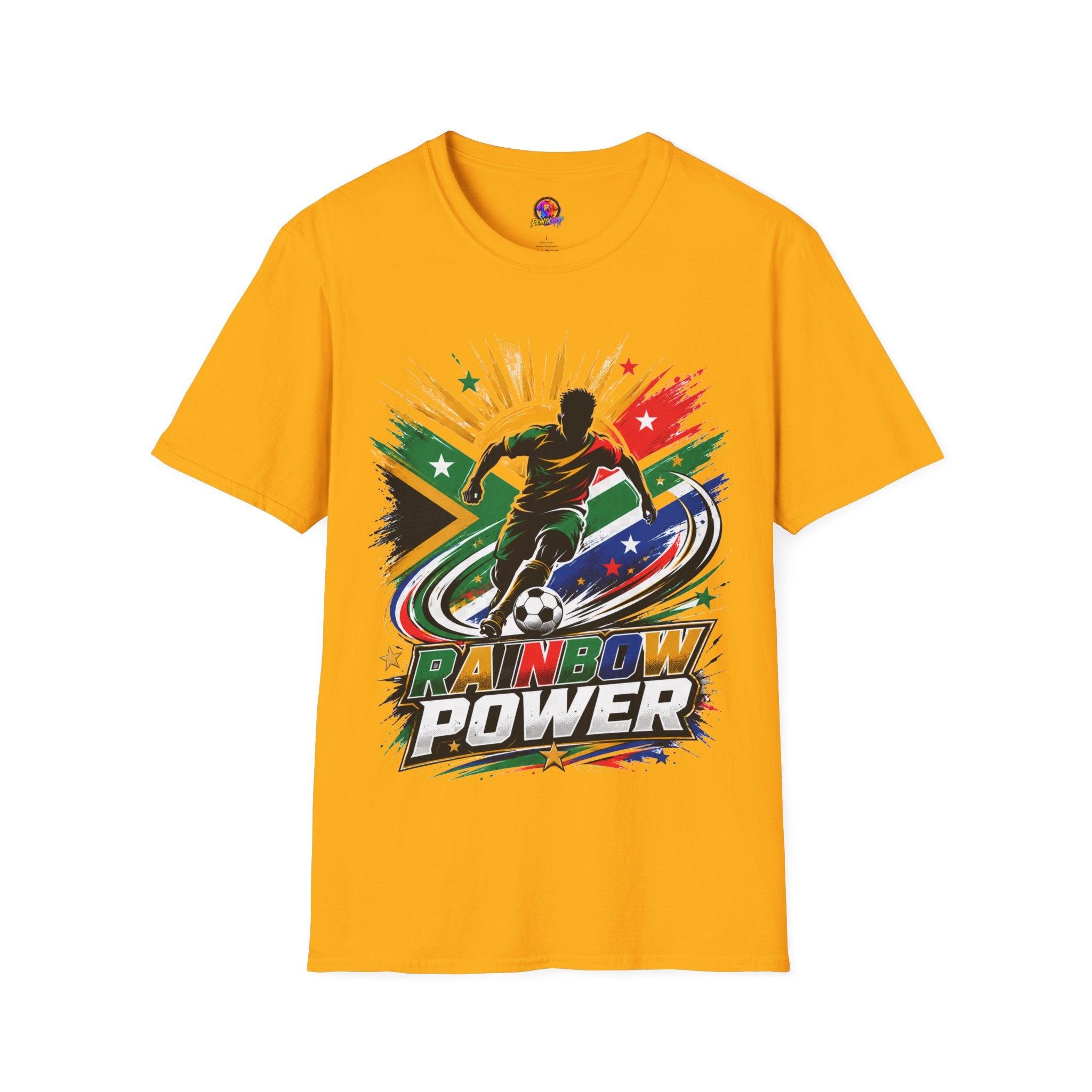 South Africa Soccer Rainbow Power T-Shirt — Colorful Football Player Graphic Tee