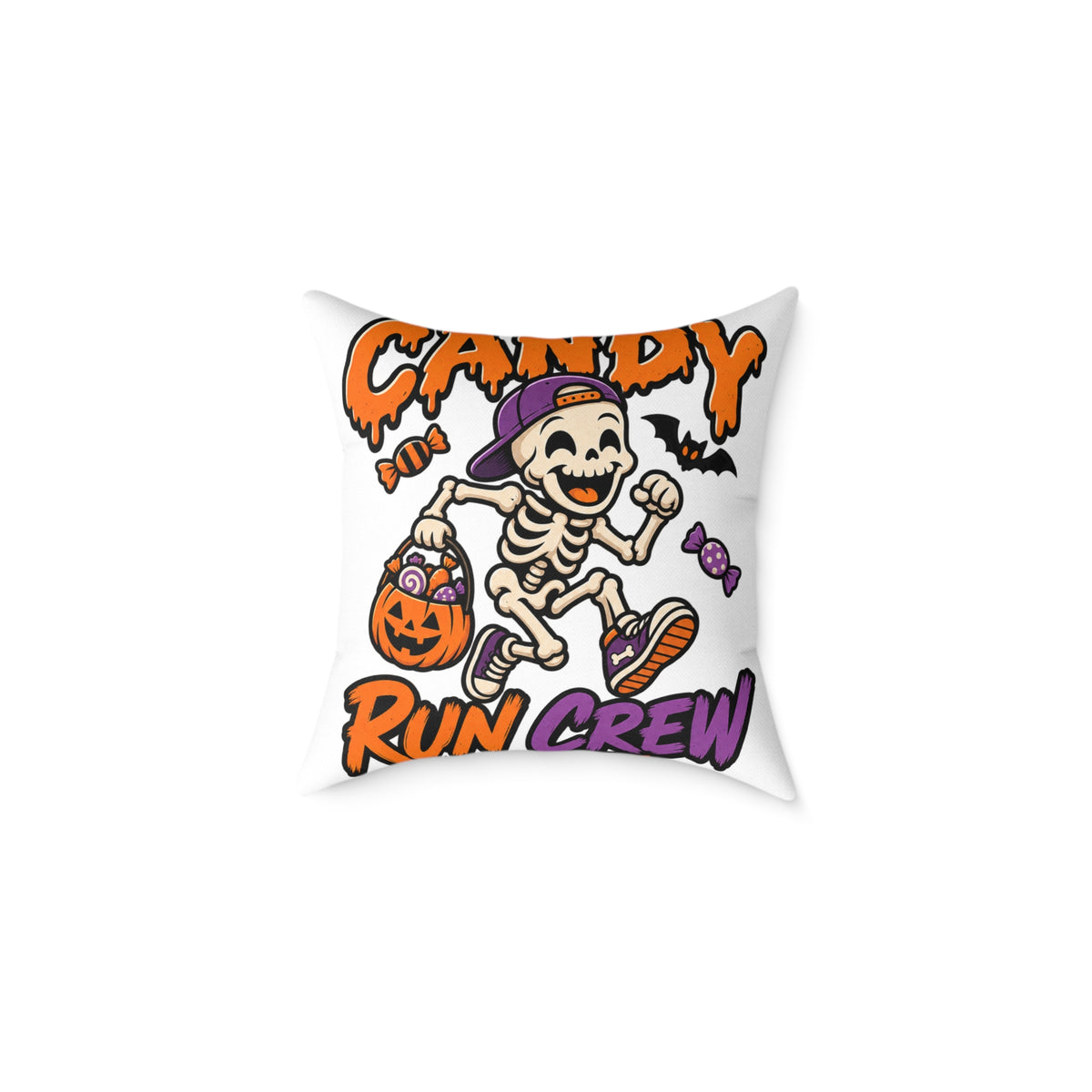 Candy Run Crew Halloween Pillow — Skeleton Trick-or-Treat Decorative Throw Pillow