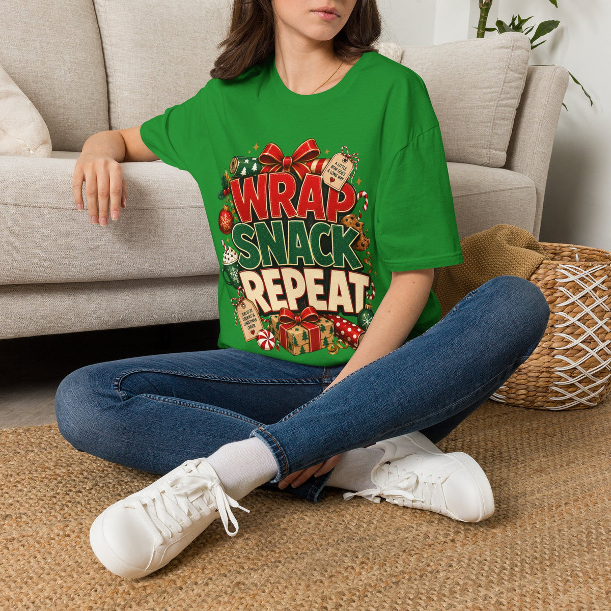 T-Shirt — "Wrap Snack Repeat" Christmas Graphic Tee