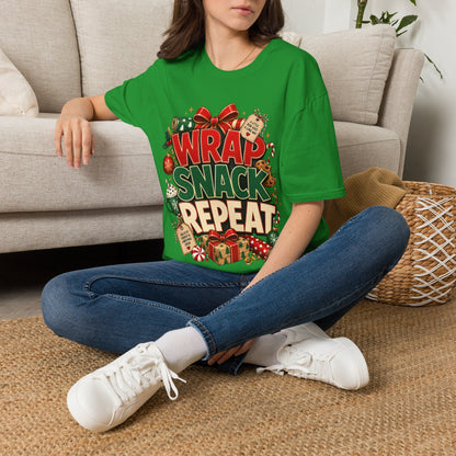 T-Shirt — "Wrap Snack Repeat" Christmas Graphic Tee