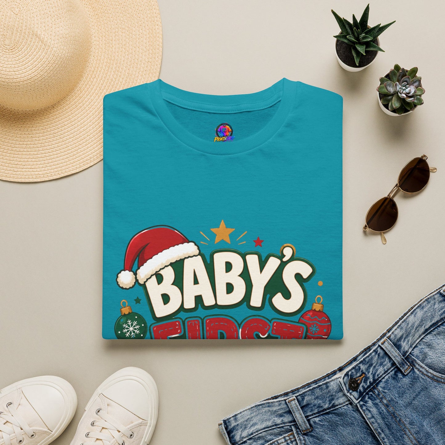 Baby's First Christmas T-Shirt — Festive Santa Hat & Ornaments Holiday Tee