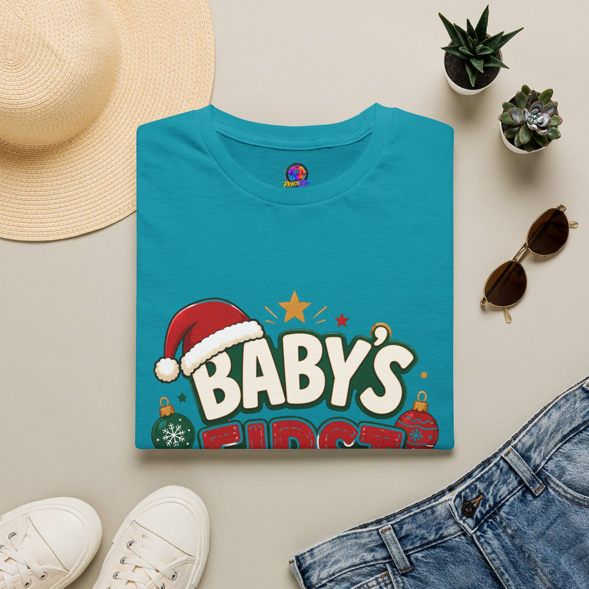 Baby's First Christmas T-Shirt — Festive Santa Hat & Ornaments Holiday Tee