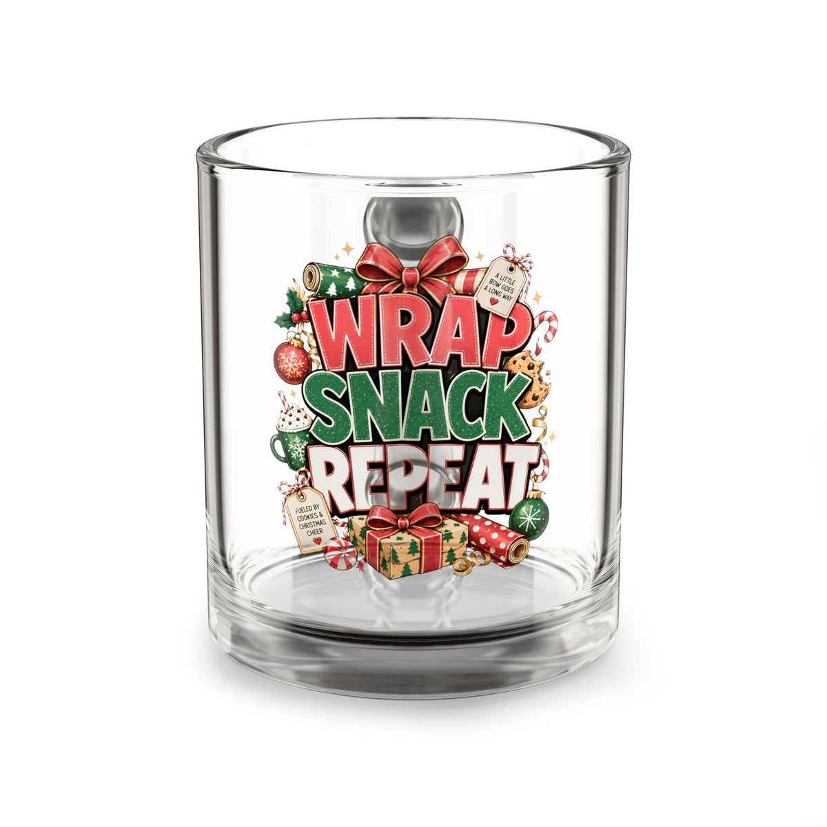 Christmas Glass Mug 10 oz Glass Mug — "Wrap Snack Repeat" Holiday Coffee Cup