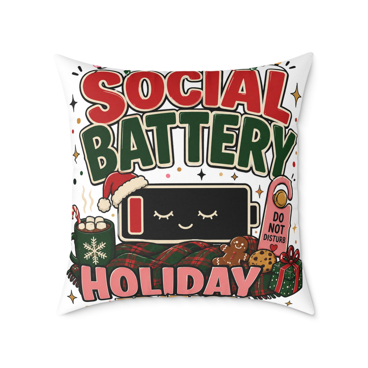 Social Battery Holiday Modern Day Christmas Pillow — Cute Low Energy Christmas Throw Pillow