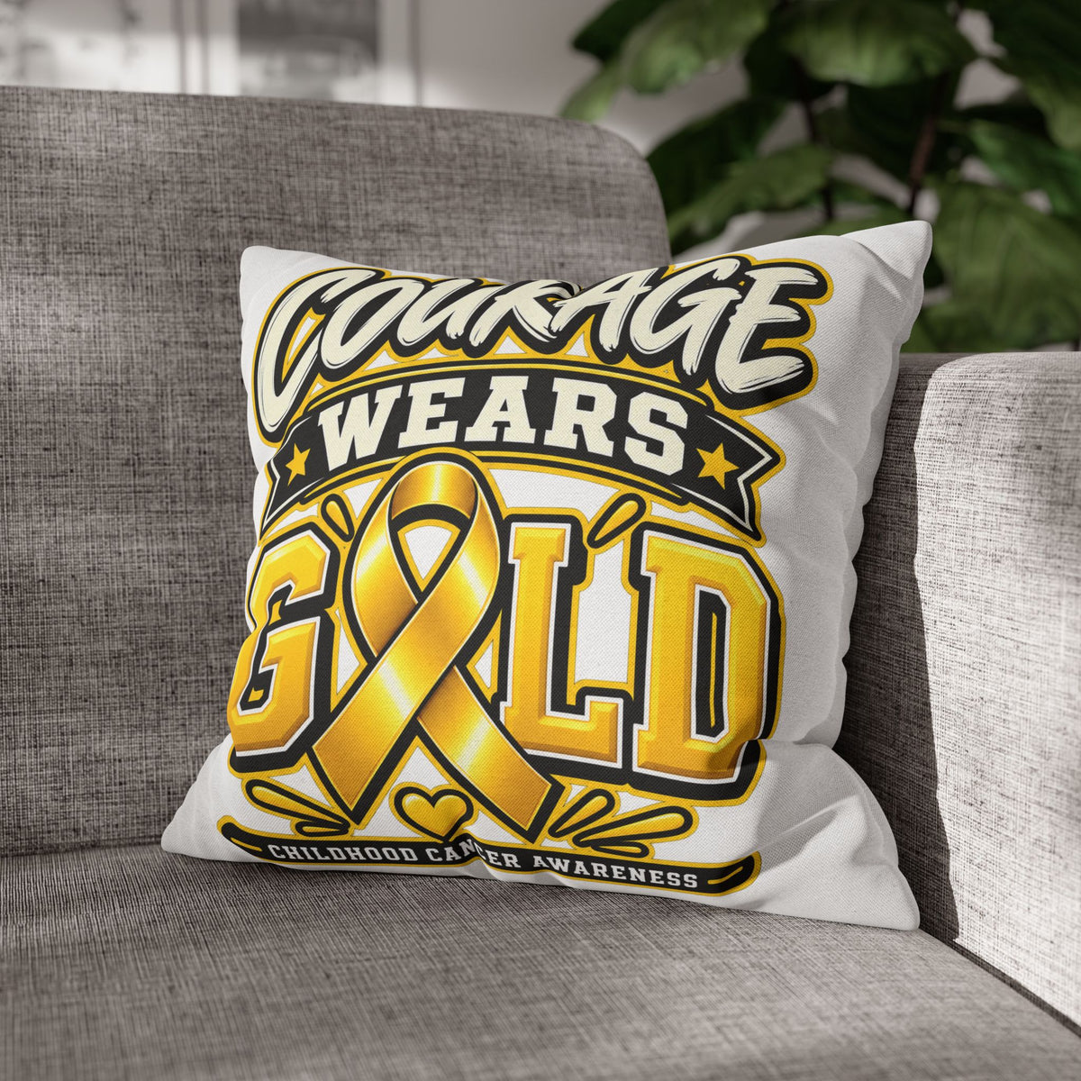Courage Wears Gold Pillowcase – Childhood Cancer Awareness Cushion Cover