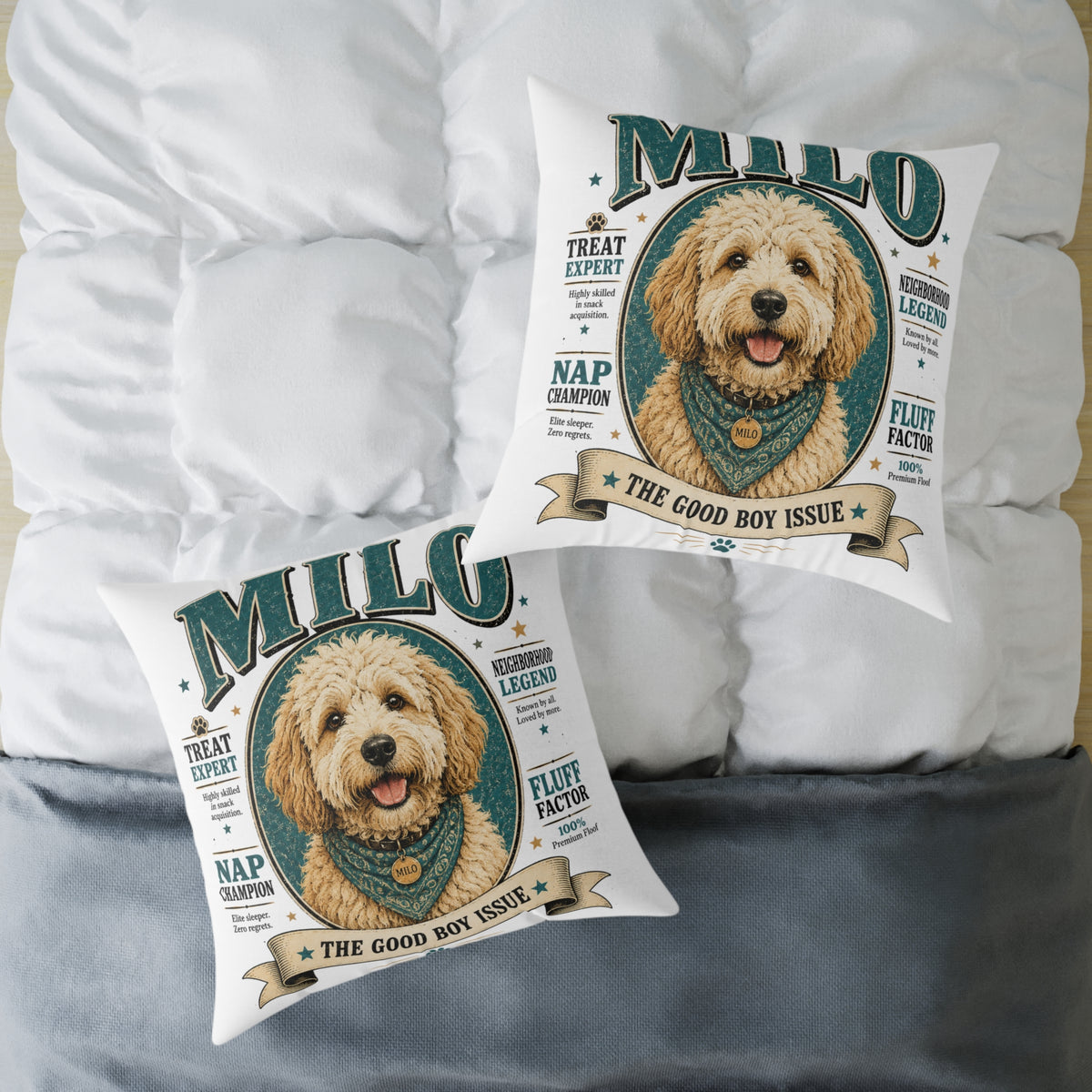 Milo Bailey Dog Dad Mom Square Pillow — "Milo: The Good Boy Issue" Dog Portrait Decorative Throw Pillow