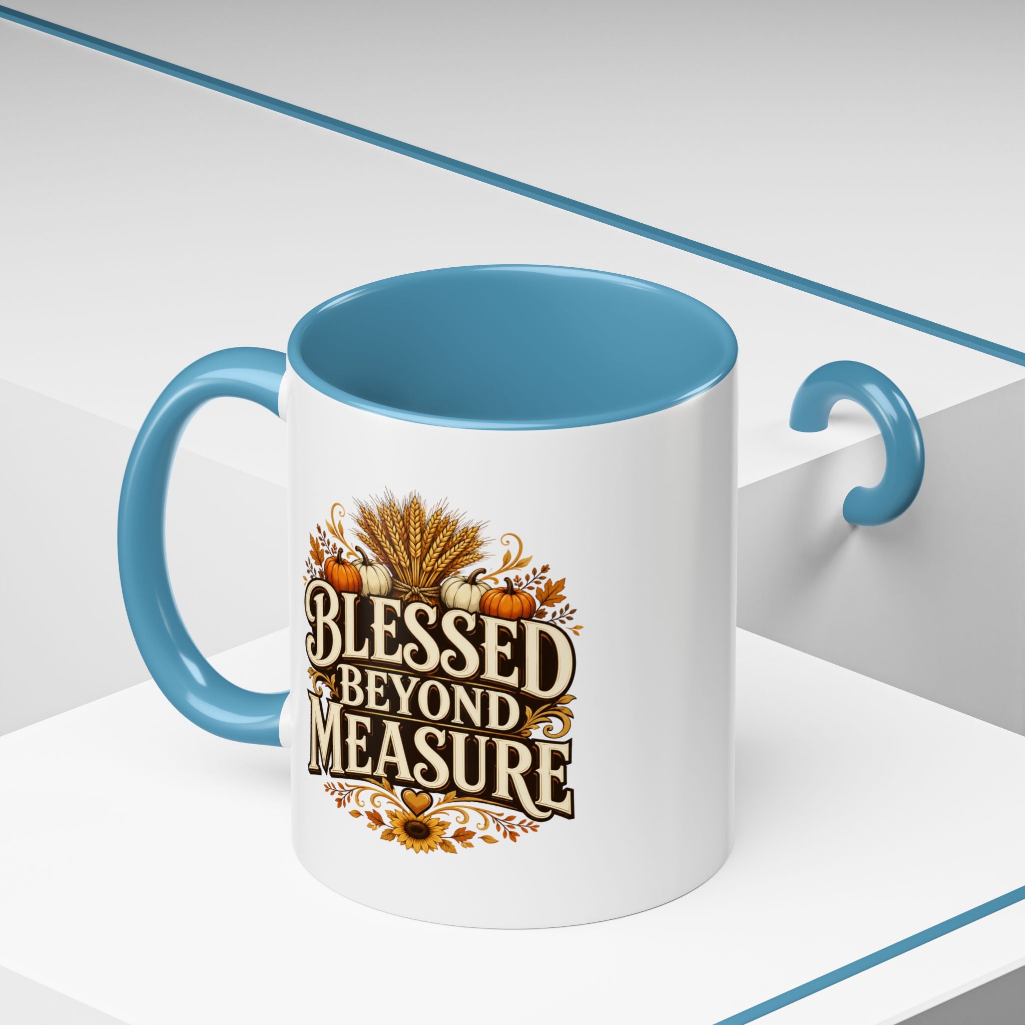 Thanksgiving Mug Blessed Beyond Measure Accent Coffee Mug — Fall Pumpkin & Wheat Autumn Faith Mug