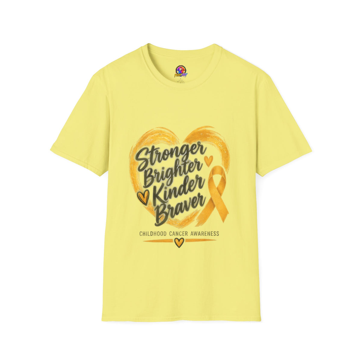 Childhood Cancer Awareness T-Shirt — "Stronger Brighter Kinder Braver" Gold Ribbon