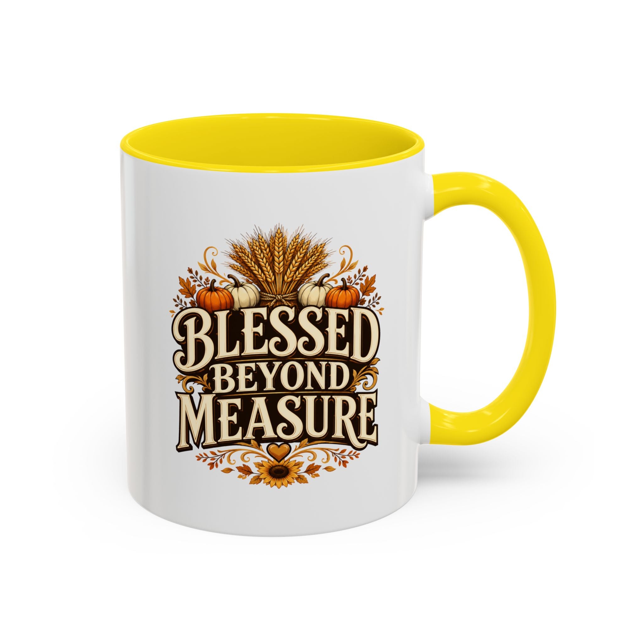 Thanksgiving Mug Blessed Beyond Measure Accent Coffee Mug — Fall Pumpkin & Wheat Autumn Faith Mug