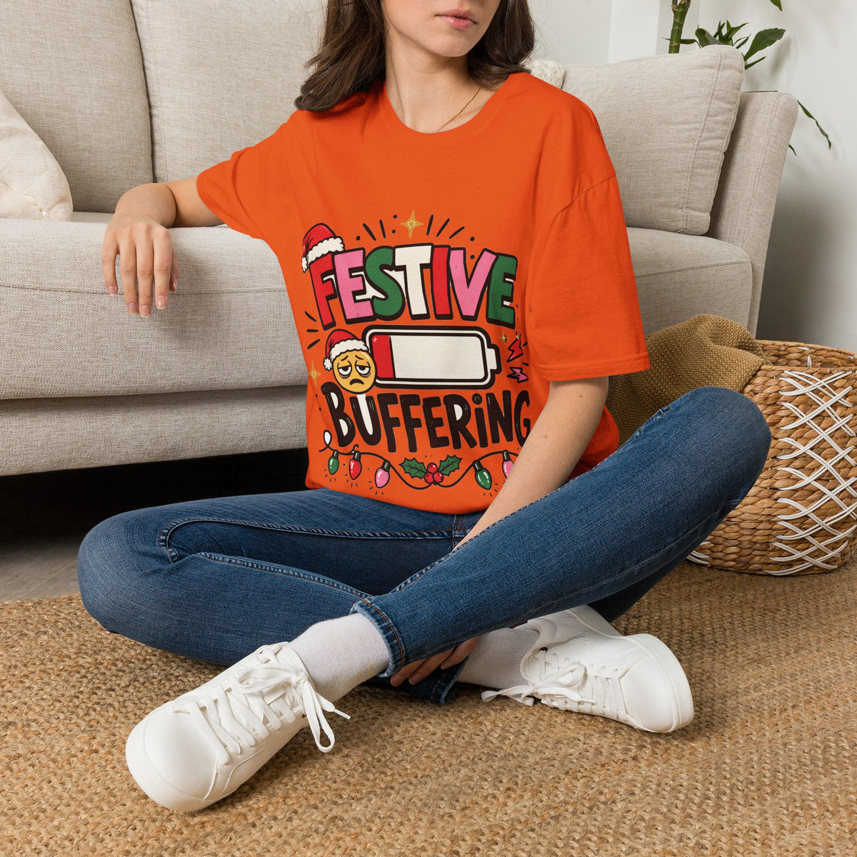 Festive Buffering T-Shirt — Funny Holiday Christmas Tee with Loading Battery Design