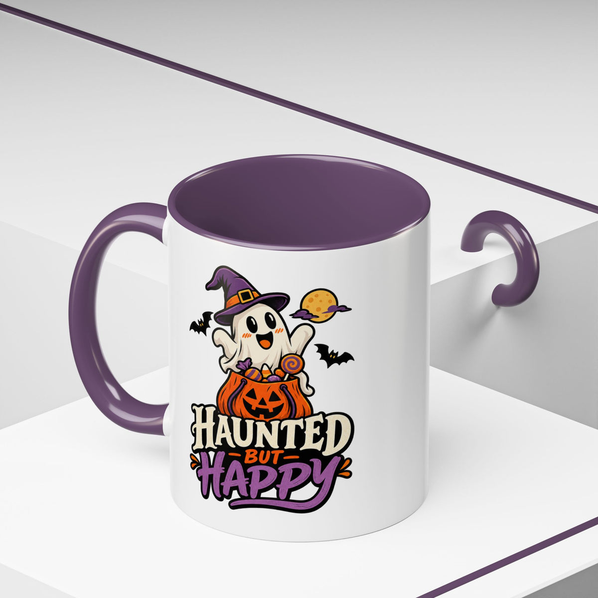 Haunted But Happy Coffee Mug — Halloween Ghost Pumpkin Accent Mug (11/15oz)