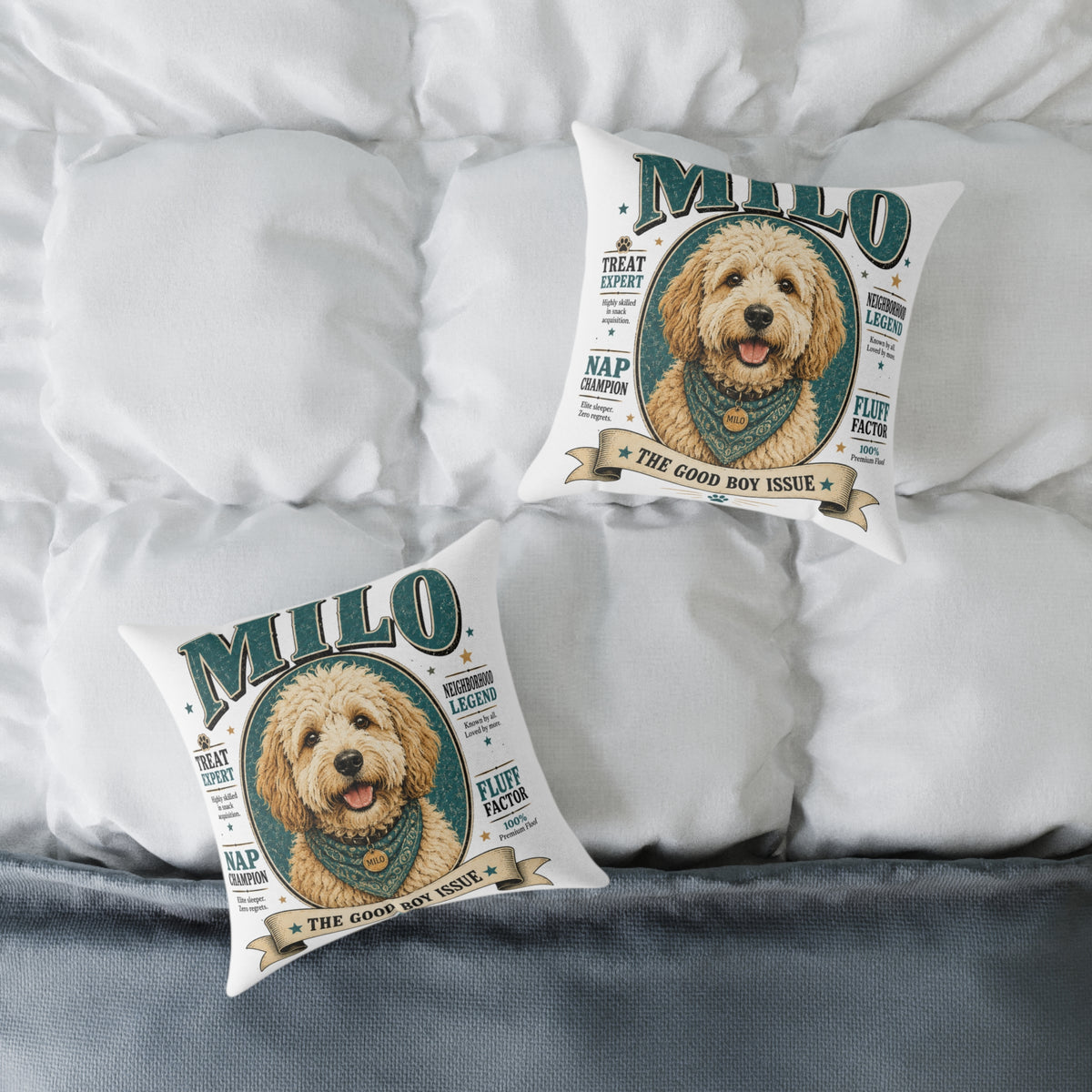 Milo Bailey Dog Dad Mom Square Pillow — "Milo: The Good Boy Issue" Dog Portrait Decorative Throw Pillow