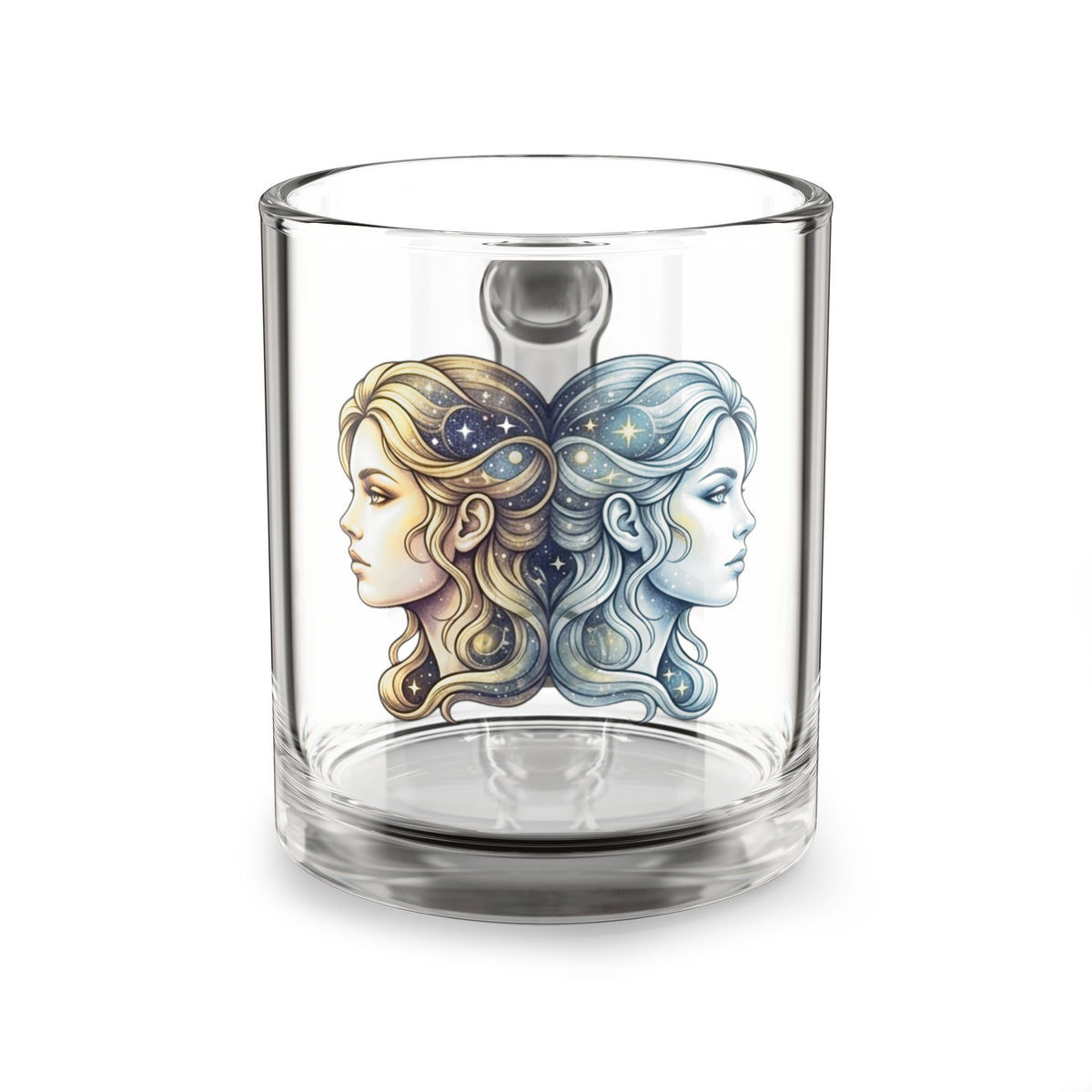 Gemini Zodiac Glass Mug — Dual-Profile Astrology Coffee Cup (10 oz)