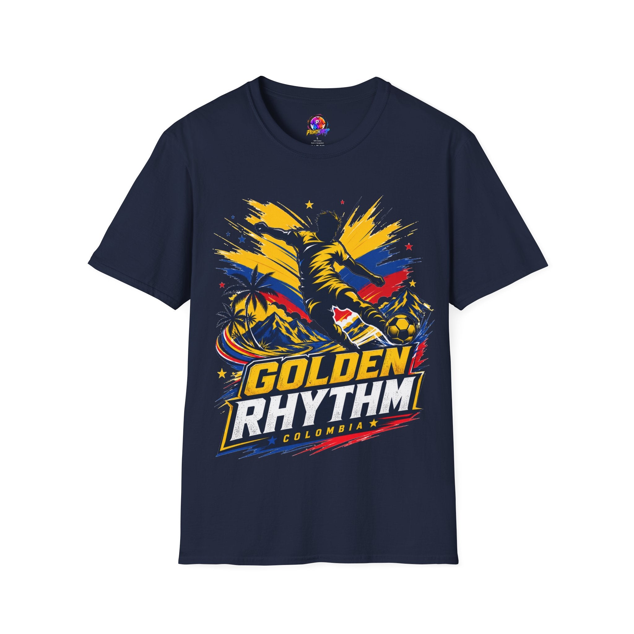 Columbia Soccer Player Graphic T-Shirt — "Golden Rhythm" Vibrant Beach Soccer Tee