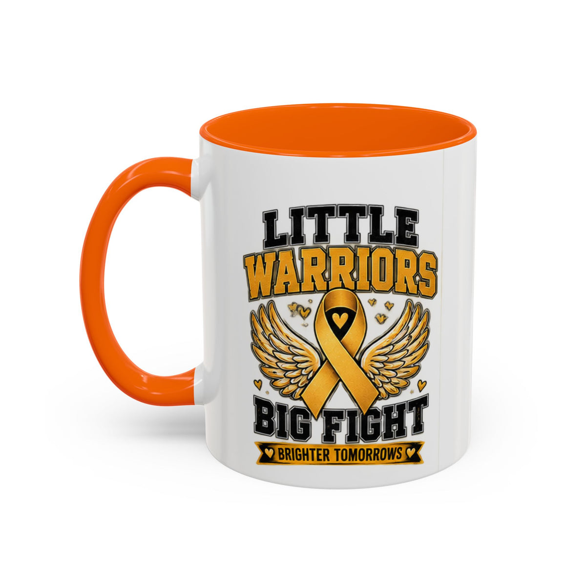 Little Warriors Big Fight Childhood Cancer Awareness Coffee Mug — Gold Ribbon Support Accent Mug