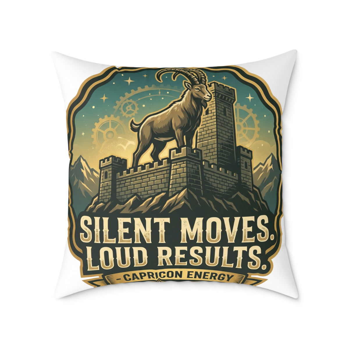 Capricorn Pillow — "Silent Moves, Loud Results" Square Throw Pillow