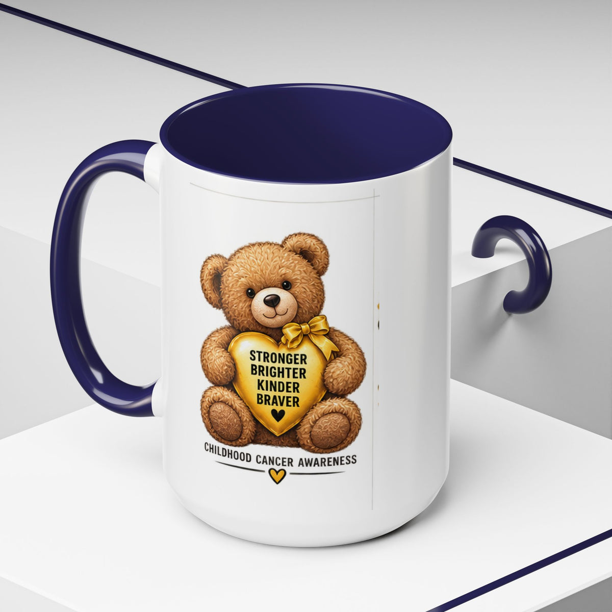 Childhood Cancer Awareness Coffee Mug — 'Stronger Brighter Kinder Braver' Teddy