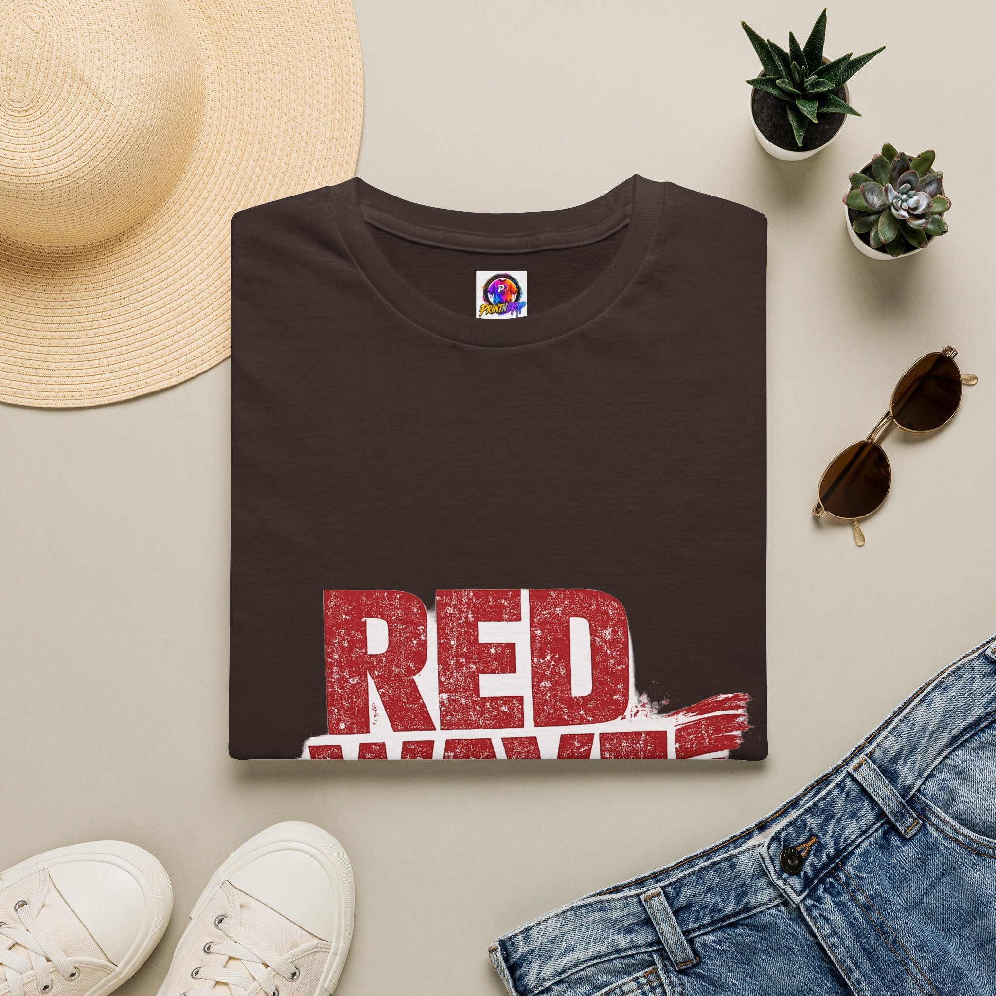 South Korea Red Wave Graphic T‑Shirt — Vintage Distressed Logo Tee