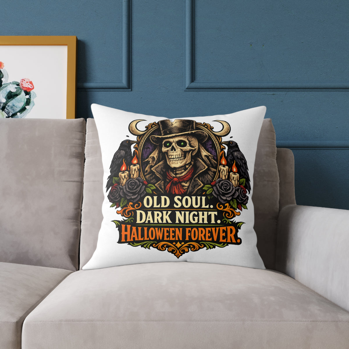 Halloween Skeleton Pillow - "Old Soul, Dark Night. Halloween Forever" Square Decorative Cushion