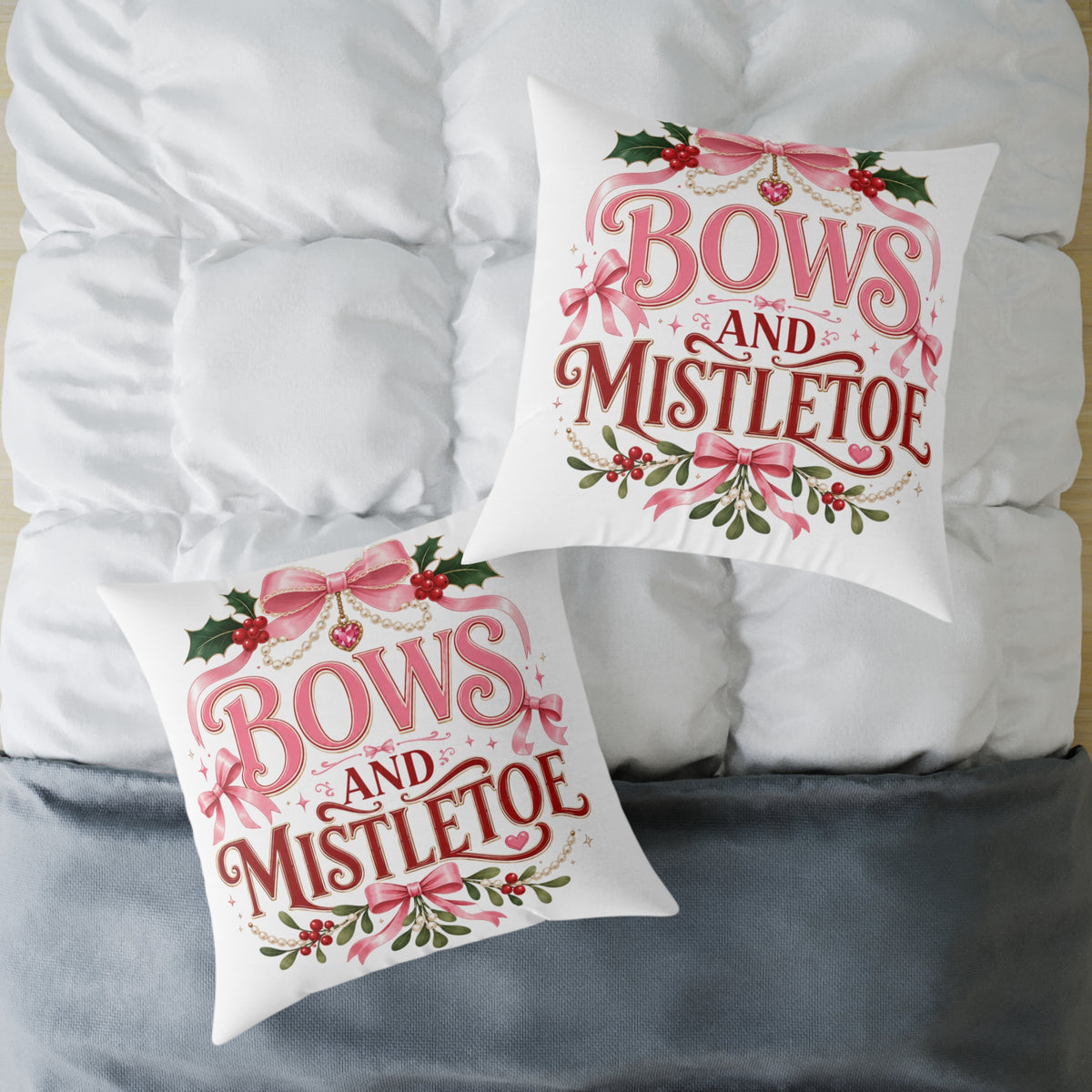 Christmas Bows And Mistletoe Square Poly Canvas Pillow