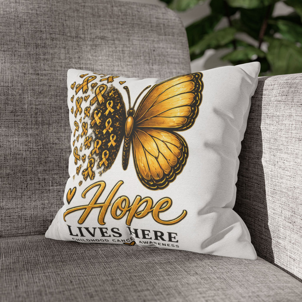 Childhood Cancer Awareness Pillow – "Hope Lives Here" Gold Ribbon Butterfly Square Pillowcase