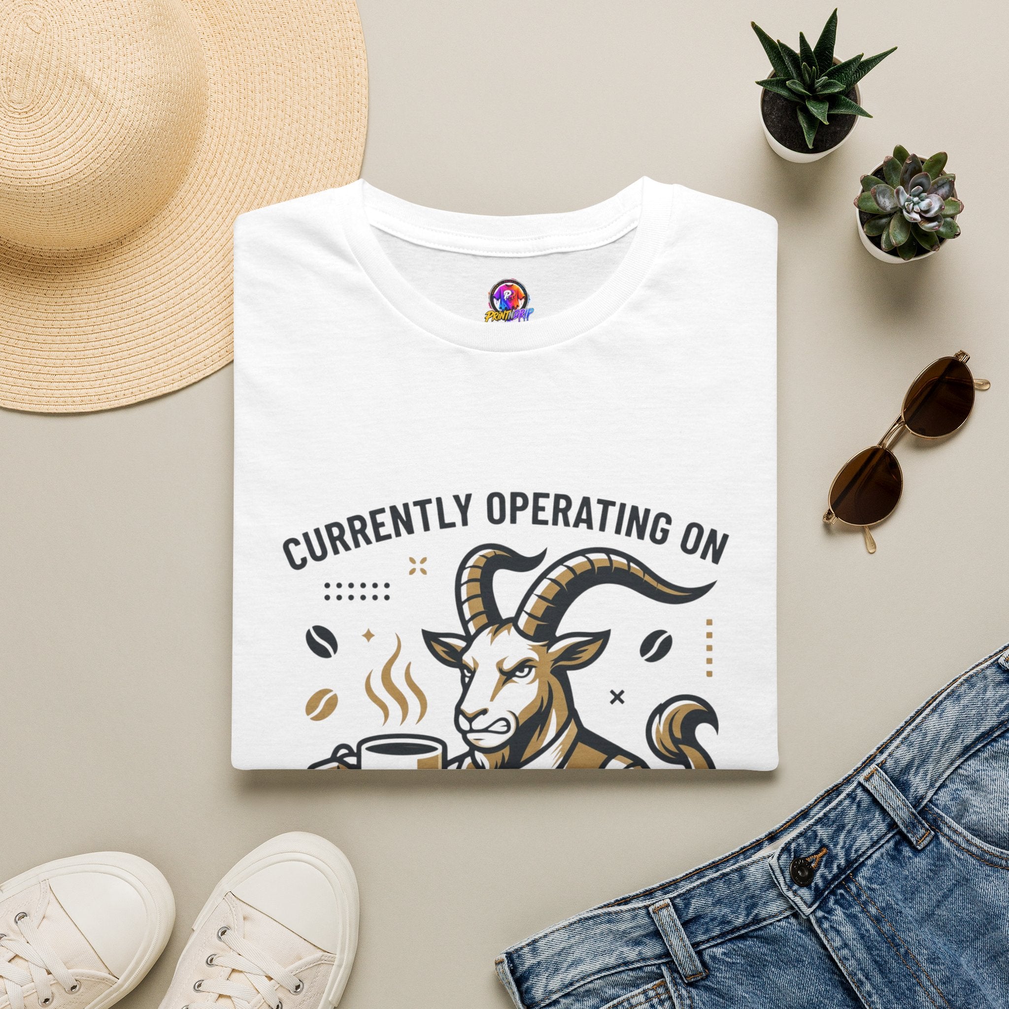 Capricorn T-Shirt — "Currently Operating on Caffeine and Spite" Zodiac Goat Tee