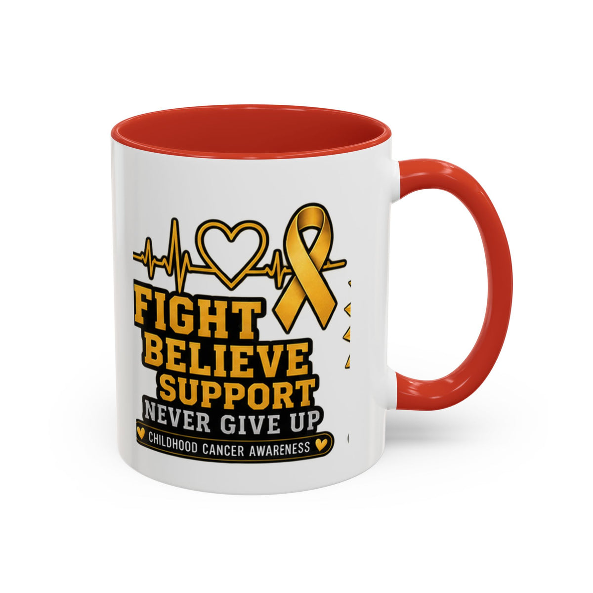 Childhood Cancer Awareness Accent Coffee Mug — "Fight Believe Support" 11/15oz