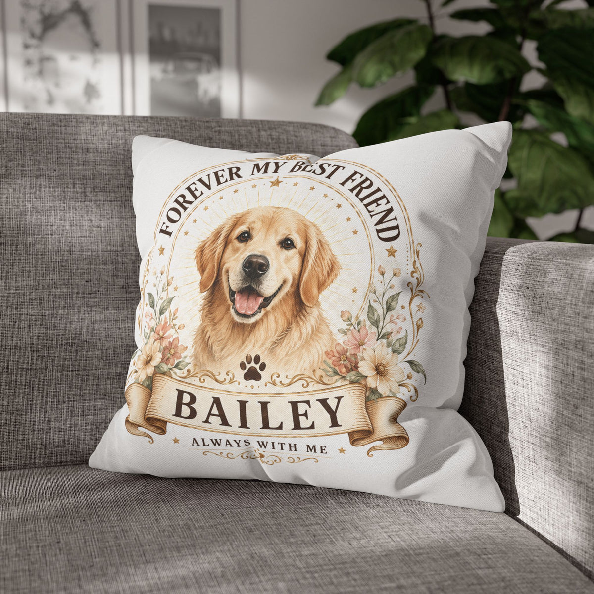 Dog Memorial Throw Pillowcase Milo Bailey Dog Dad Mom — "Forever My Best Friend" Personalized Golden Retriever Pillowcase