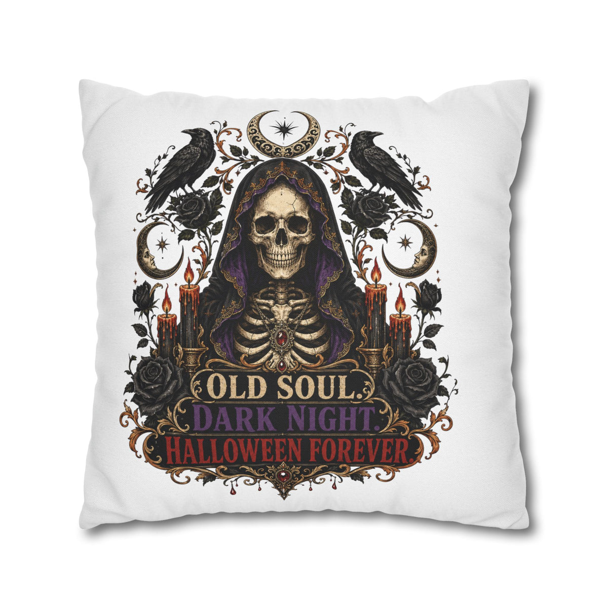 Halloween Skull Pillowcase — "Old Soul Dark Night" Spun Polyester Square Pillow