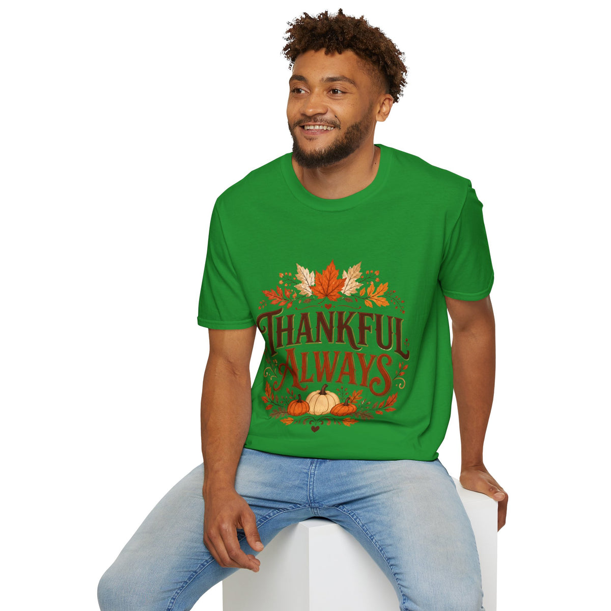 Thanksgiving T-Shirt Thankful Always T-Shirt — Autumn Leaves & Pumpkins Thanksgiving Tee